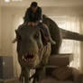 Bully rides tyrannosaurus in someone's apartment