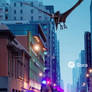 Mounted police riding dinosaurs, chasing criminal