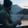 Fisherman in a wooden boat on lake. Inside the eye