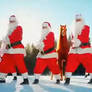 Santas dancing with fiery horse on snow