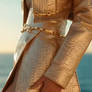 Woman in futuristic golden shiny outfit. Ai video