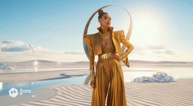 Woman in futuristic golden shiny outfit. Ai video