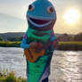 Person in fish costume is singing. Ai video