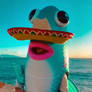 Person in fish costume is singing. Ai video