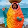 Person in fish costume is singing. Ai video