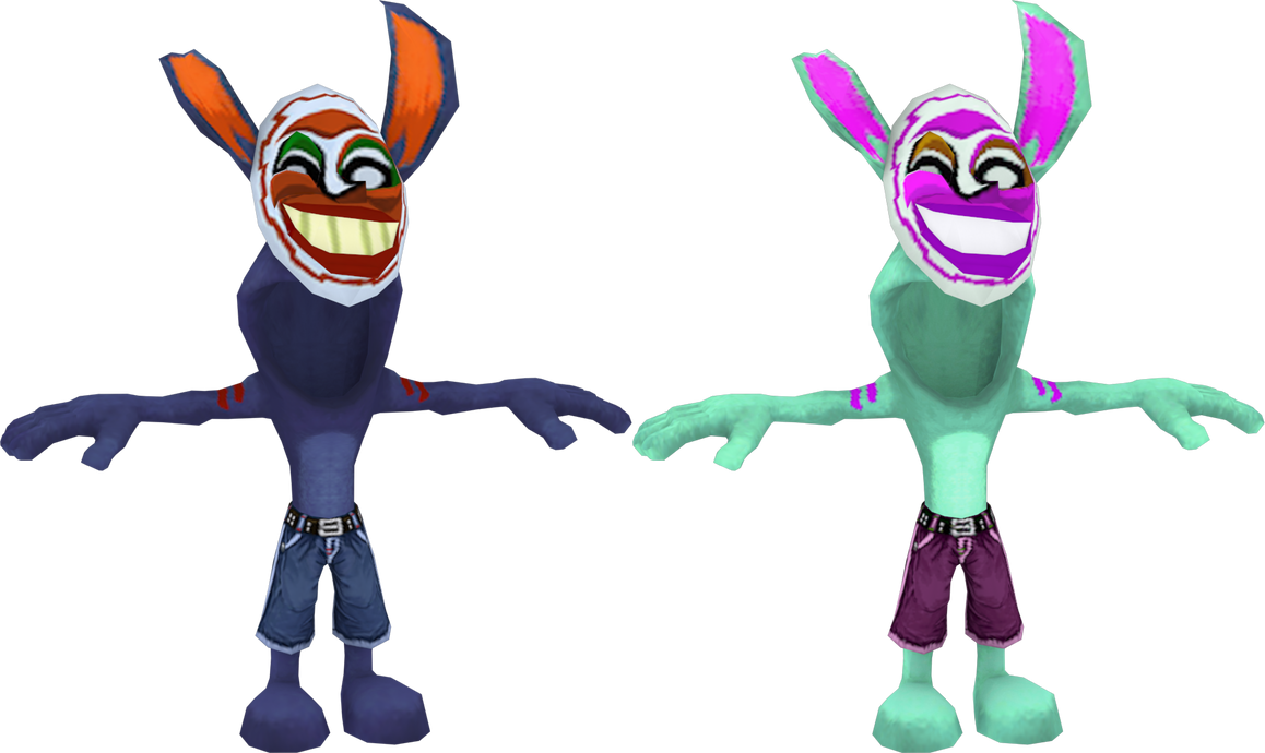 CRASHARKI's extracted models of the Voodoo Bunny skins earned in Crash of the Titans. The one on the left has the standard blue fur and red mask details, and the one on the right has cyan fur and pink details on the mask. Both have Crash's jeans instead of grass skirts.