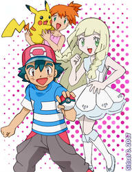 Ash, Lillie, Misty and Pikachu [Pokemon]