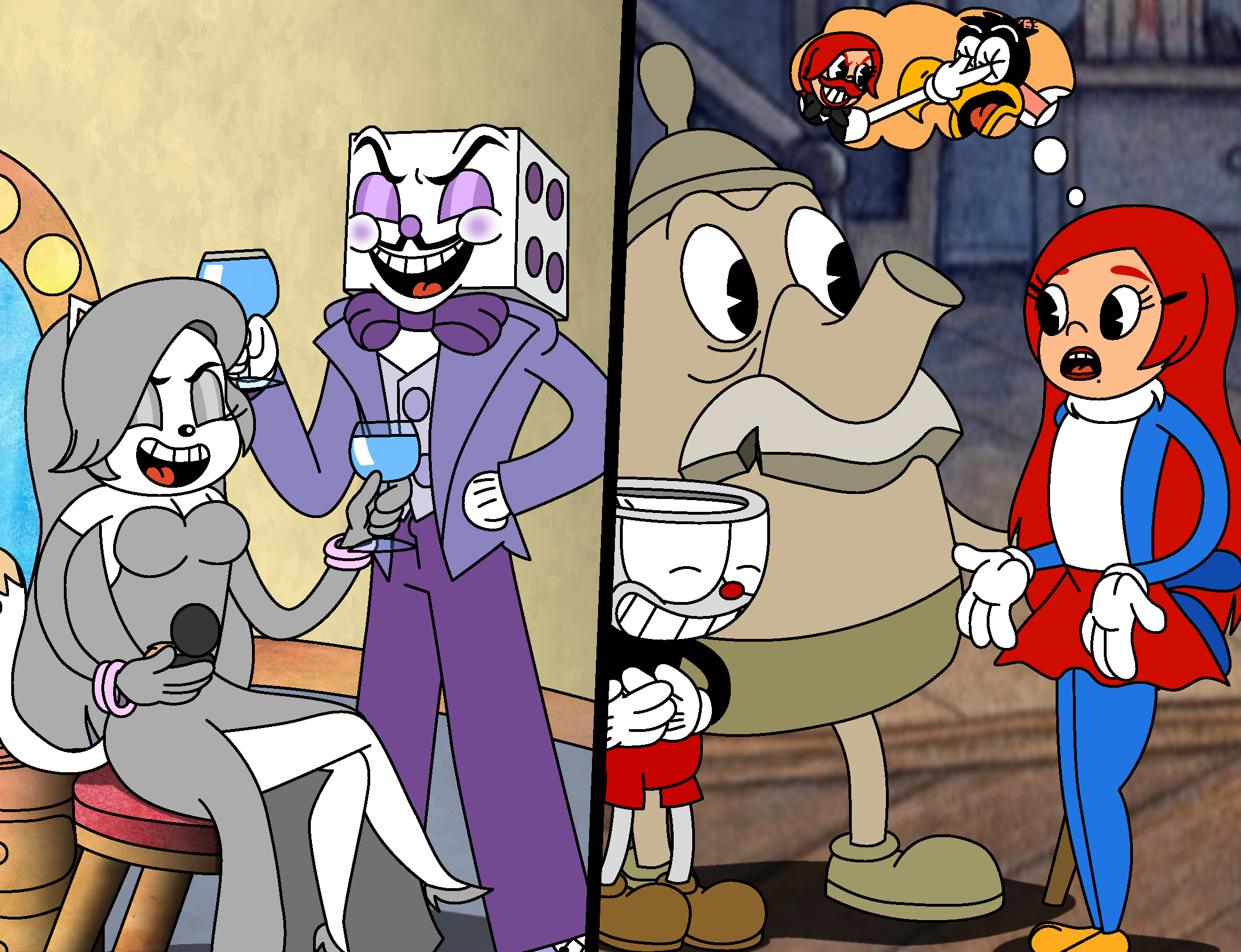 SOOOO I made these designs about this AU, the one who changes the roles of King  Dice and The Devil with Mugman and Cuphead respectively. Idk who is the  owner of the