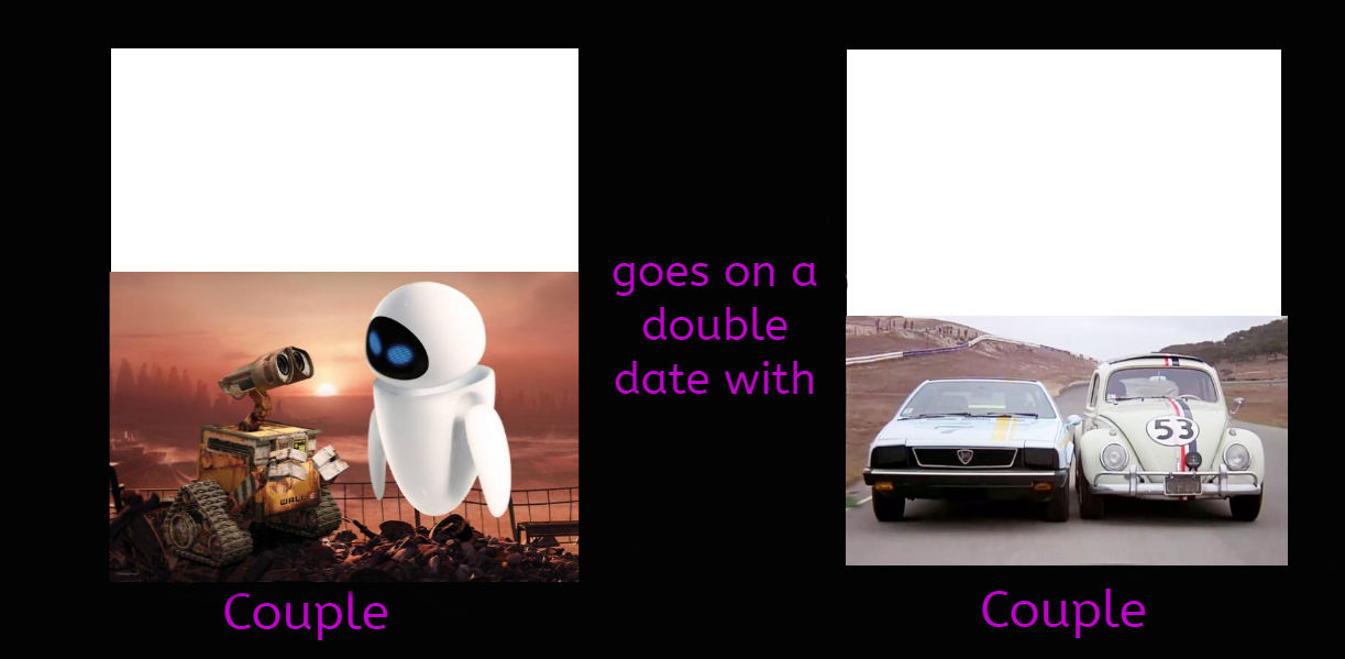 Walle and Eve double date Herbie and Giselle by TheCartoonWizard on