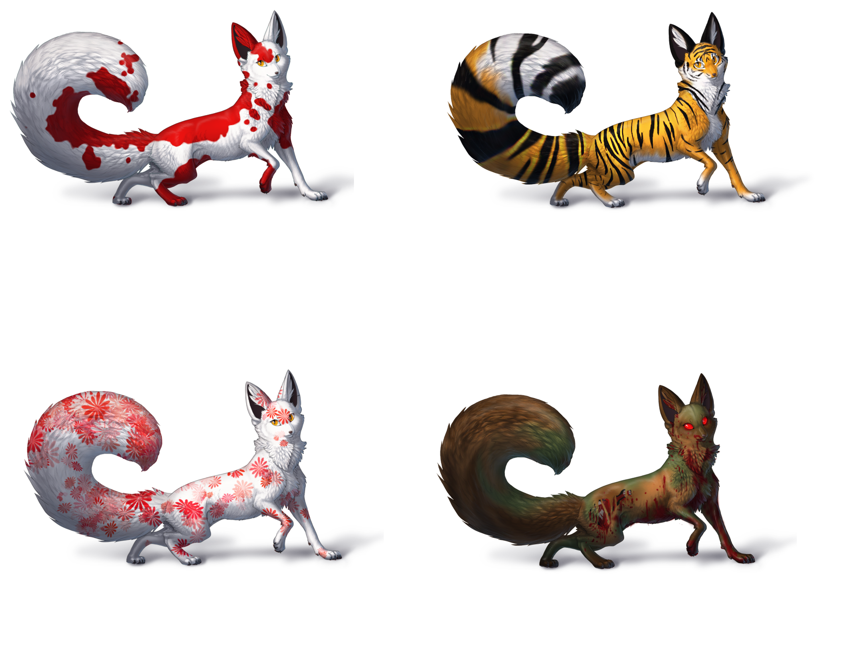 Kitsune x4 (koi, Tiger, flower, zombie) by xLunaticPrincess on DeviantArt