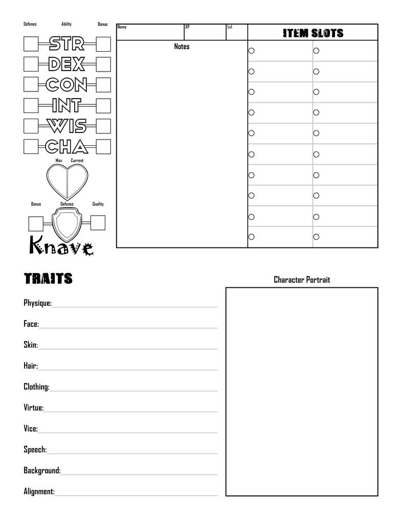 Knave Character Sheet (Single Page) Form Fillable by 3Fangs on DeviantArt