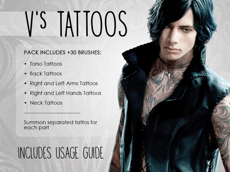 V From Devil May Cry 5 Temporary Tattoos for Cosplayers. Front, Back, Arms  and Hand Designs 