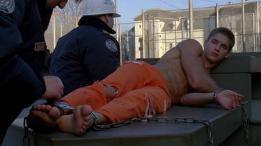 Beautiful young AI prisoner chained to a bench