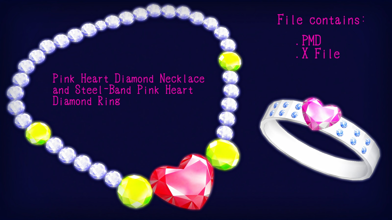 Pink Heart Diamond Necklace and Steel-Band Ring DL