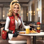 Sagittar smiling tourist shows breakfast Take synt