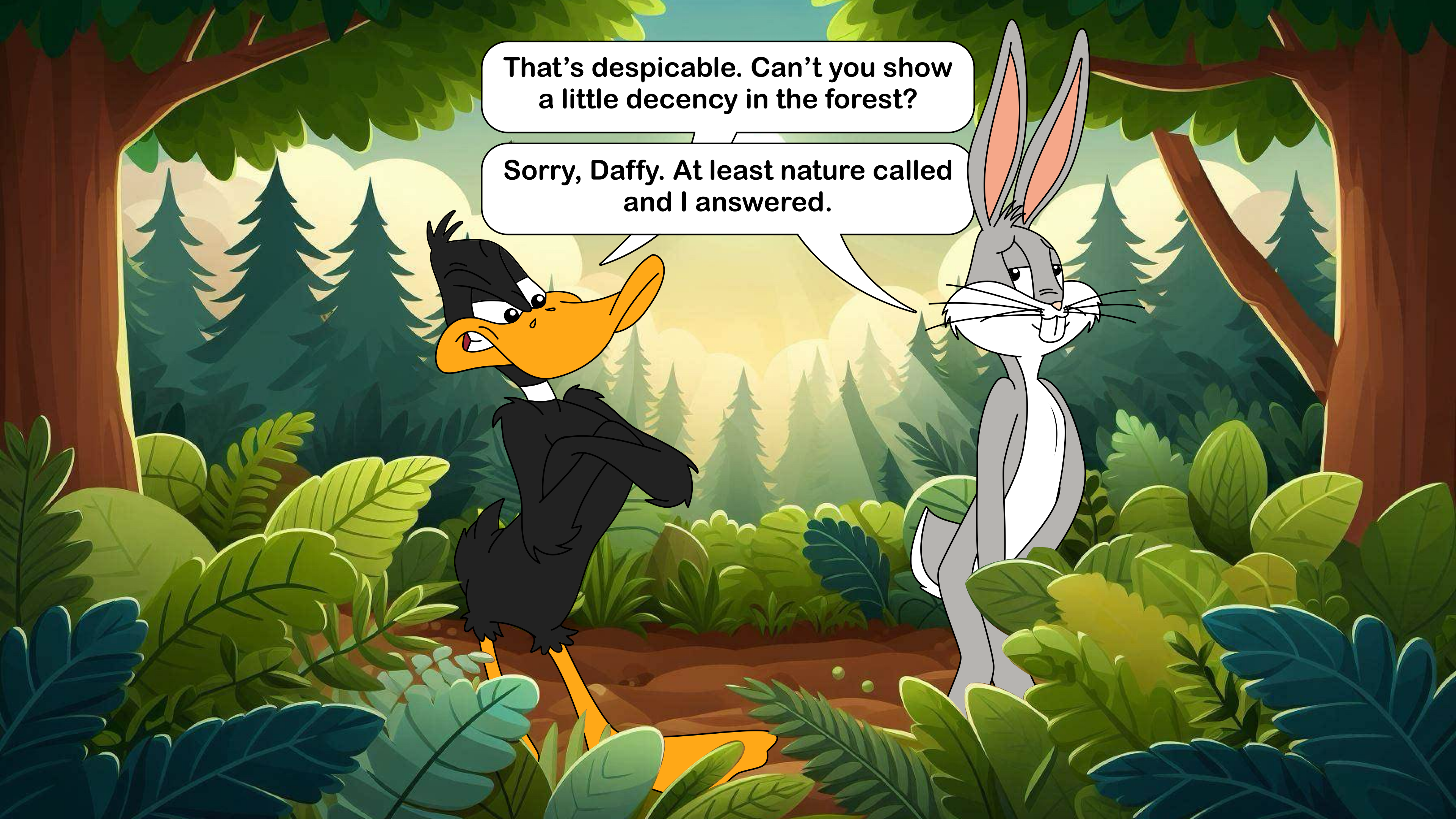 Daffy regarding Bugs' forest break