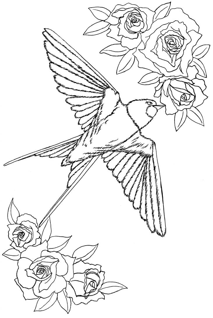 Free Swallow With Roses Coloring Page By Szynszyla Stokrotka