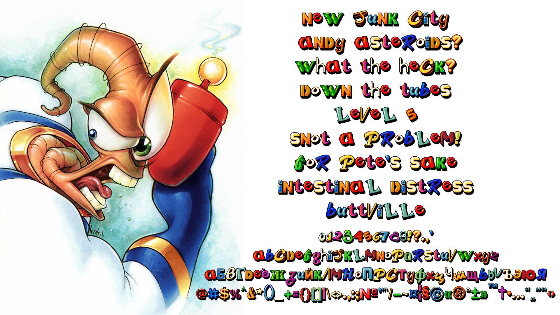 Earthworm Jim 1 font (link in the description) by look1982 on DeviantArt