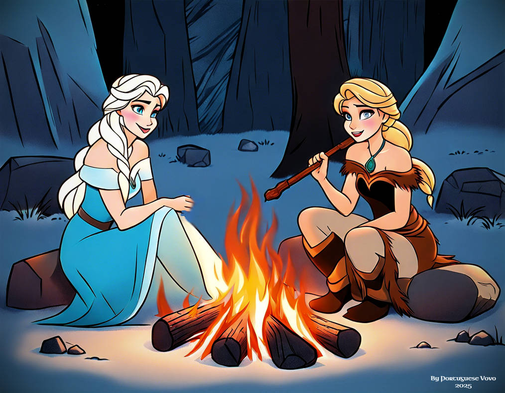 Anna and Elsa around the fire by PortugueseVoVo on DeviantArt