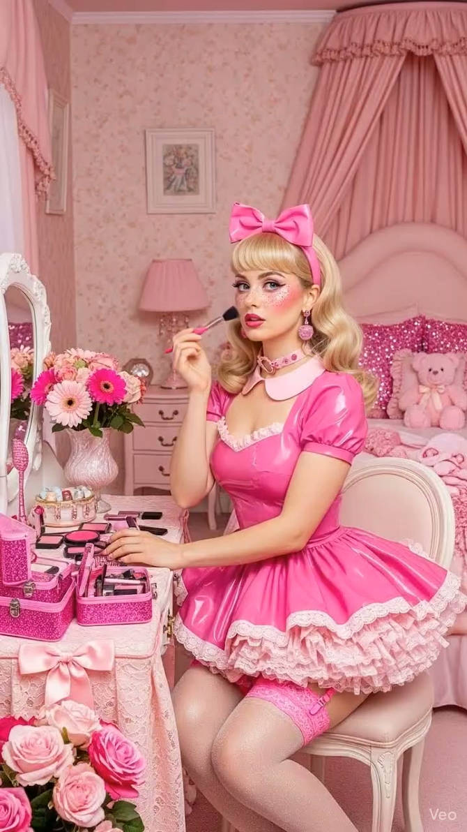 Vintage lady in pink latex at her vanity table by aimeemorgan on DeviantArt