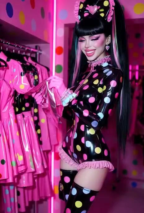 Lady wearing a polkadot latex romper in a boutique by aimeemorgan on ...
