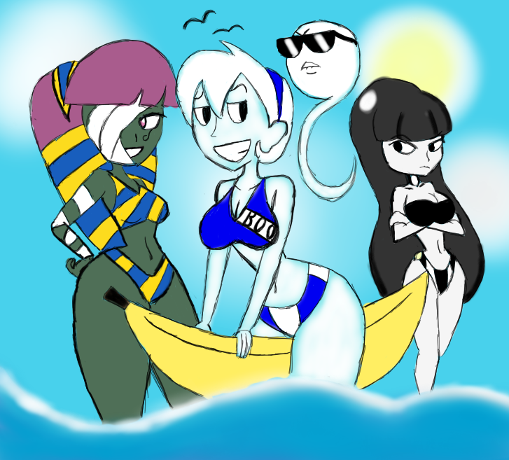 Ghost, Mummy, Doll, and Gaint Banana on the Beach