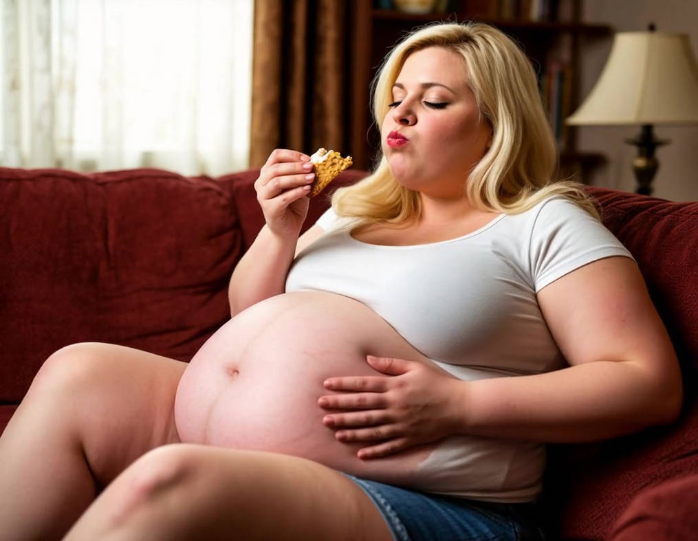A blonde with a huge belly eats a cake by deamon1502 on DeviantArt