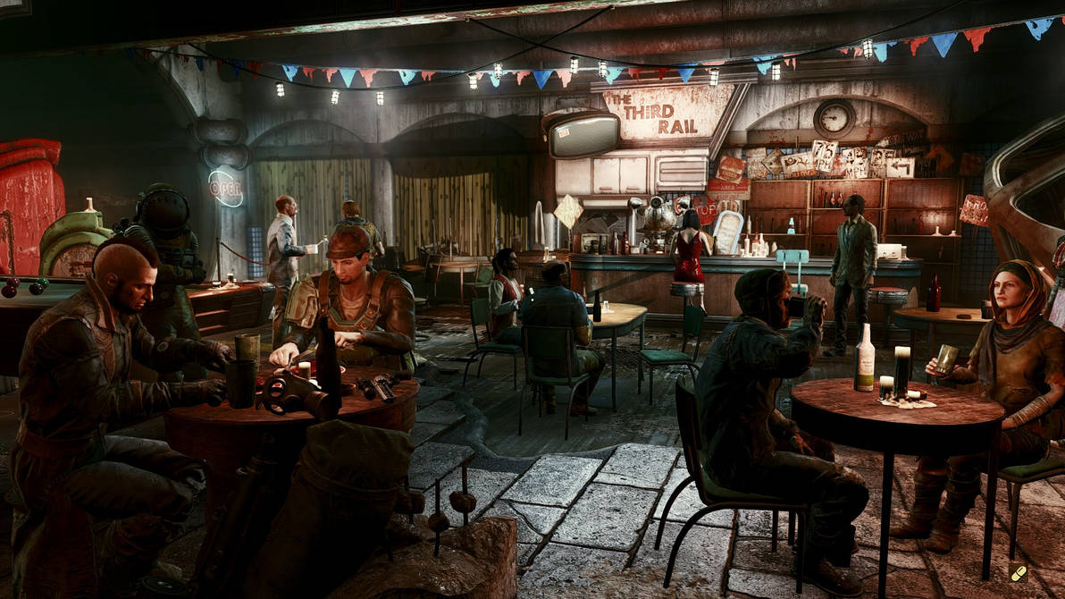 Fallout 4 колониальный бар. Гриль бар фоллаут 4. Fallout 4 арт бар. Бар третий рельс fallout 4 на карте. Кафе фоллаут.