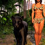 Zanya walking toward us with a black panther 