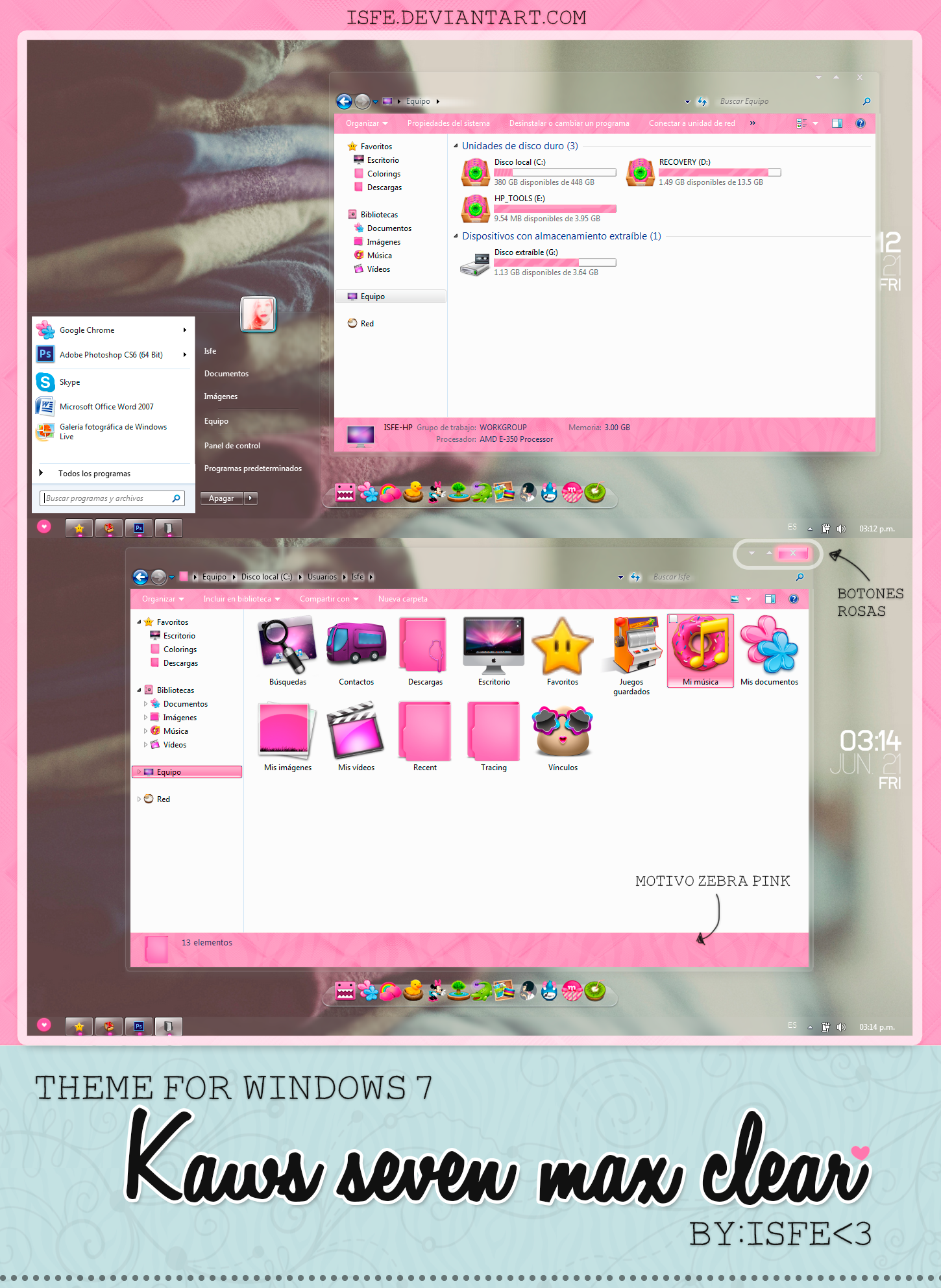 Theme for windows 7 Kaws Seven Max Clear (Pink)