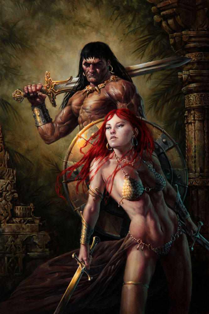 conan and red sonja in a battlfield posing naked droid fire anime art