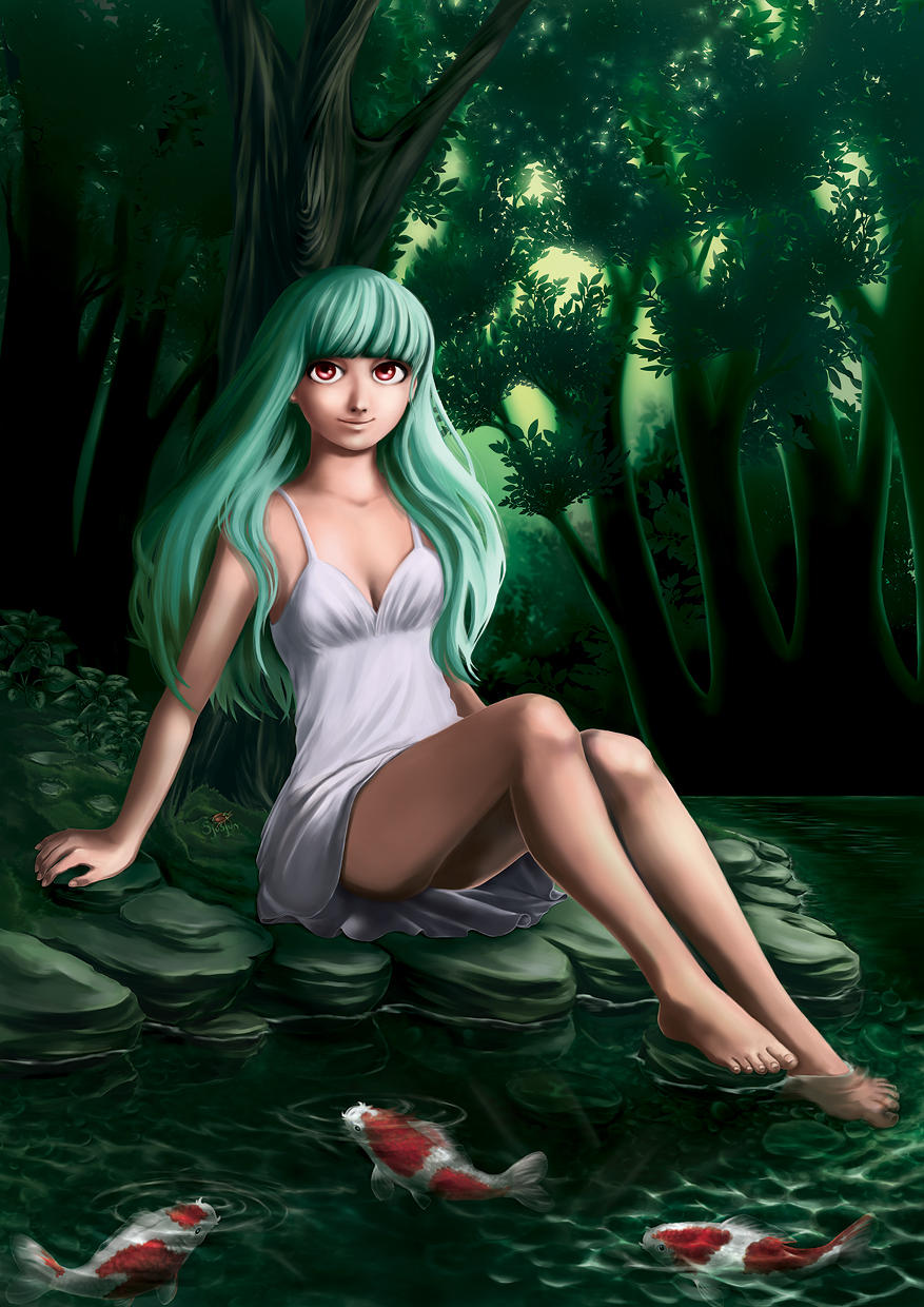 Resting girl at Koi pond by Sjusjun