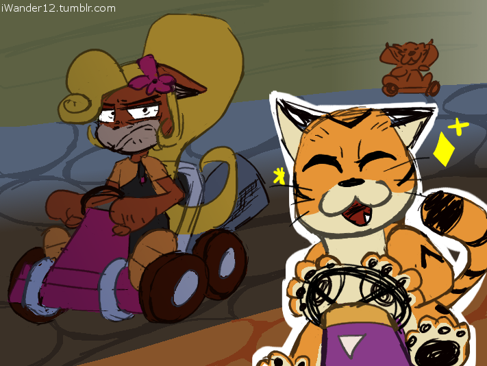 coco staring madly at pura. they are both in karts