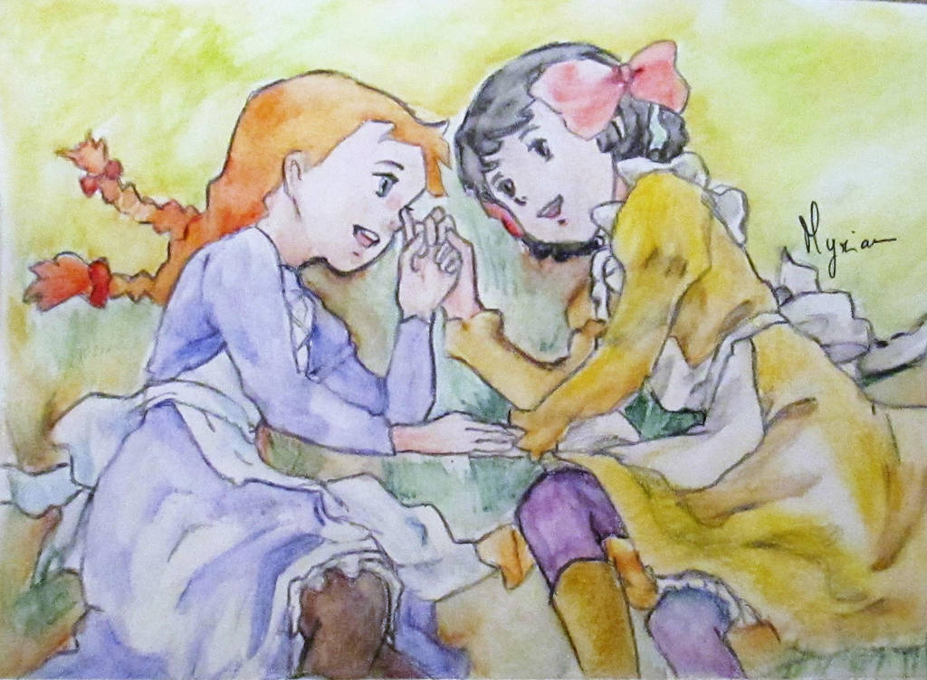 Anne and Diana holding hands in Idlewild, by myriamyuki