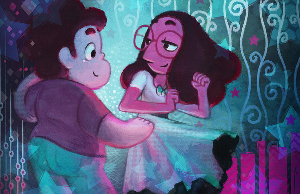 Stevonnie! This is my animated OTP~ such itty bitty adorable soul mates. I got Transistor as a new years present and have been playing that a bunch, so this is obviously, in part, inspired by that ...