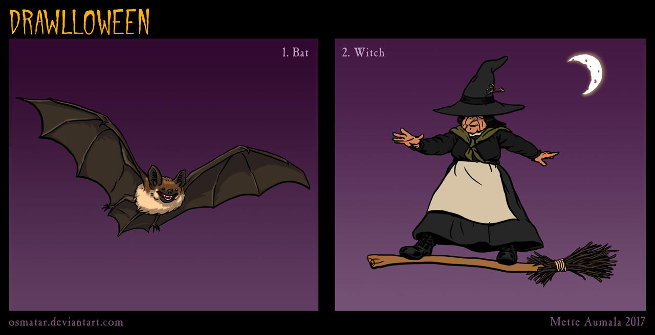 Drawlloween: Bat + Witch by Osmatar