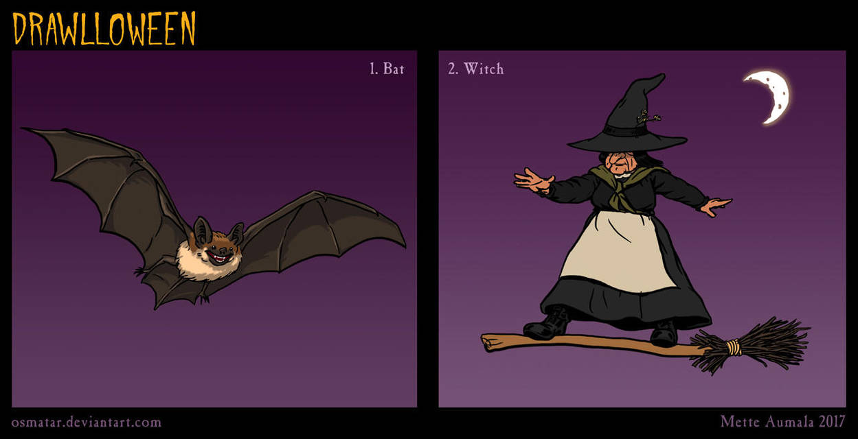 Drawlloween: Bat + Witch by Osmatar