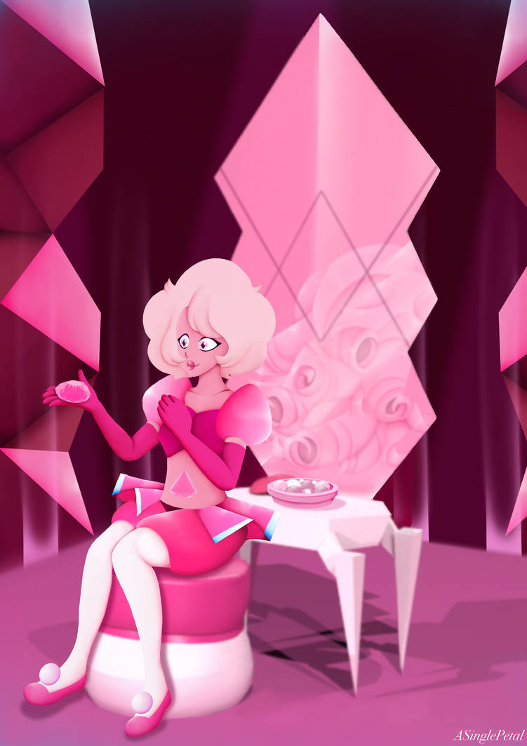 I finally finished my new pink diamond print, most done in maya which is a 3D software where I modelled and made her desk, gem and mirror. The rest was done on Procreate took 5 days