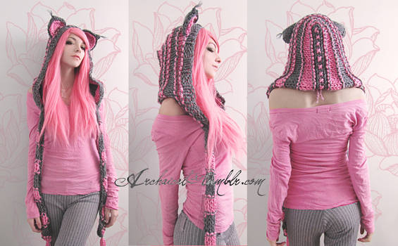 Pink and grey custom cat hood by Archaical