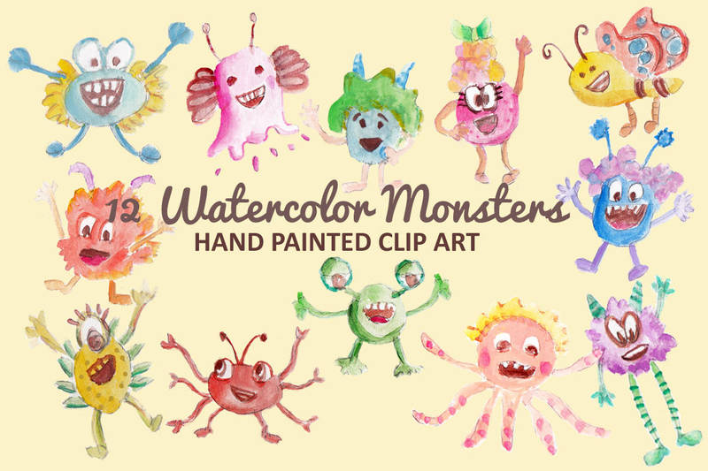Watercolor Monsters Clip Art by GraphicIdentity