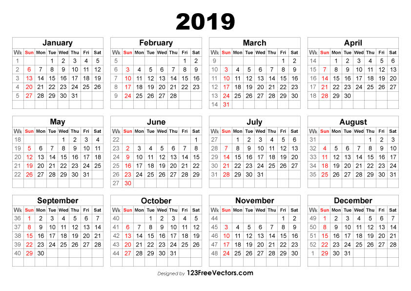 2019 Calendar with Week Numbers Free Vector by 123freevectors on DeviantArt