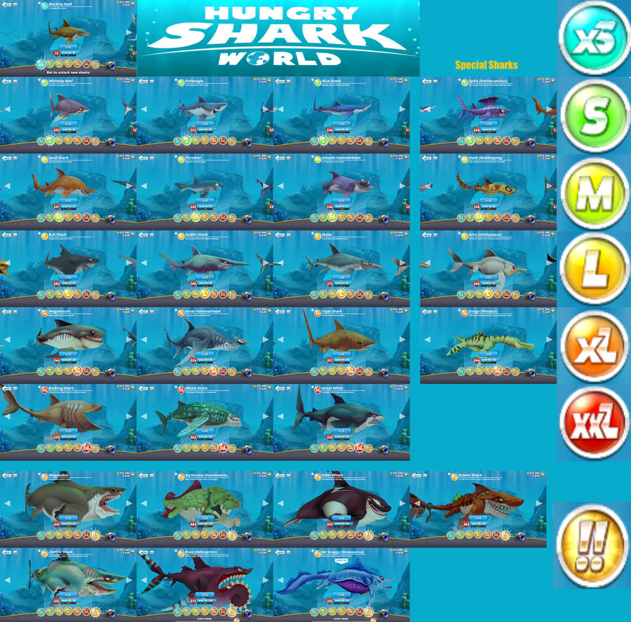 Hungry Shark World All Sharks with maximum Stats by CreatorXM on