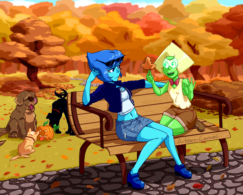 Lapis and Peridot decide to try a date at the park but it just ended up with peridot gushing about the fall season, and lapis couldn't be happier <3 artesesarthouse.tumblr.com/