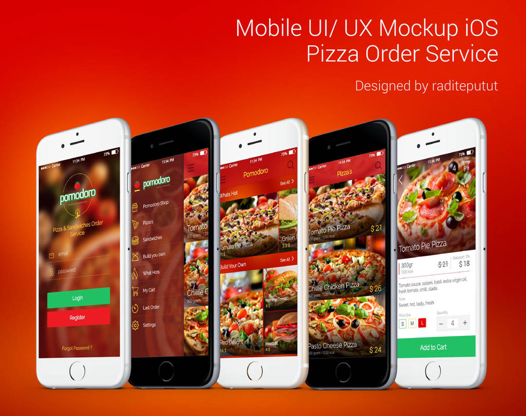 Pomodoro Pizza Sandwiche Order Service Mockup UI by raditeputut