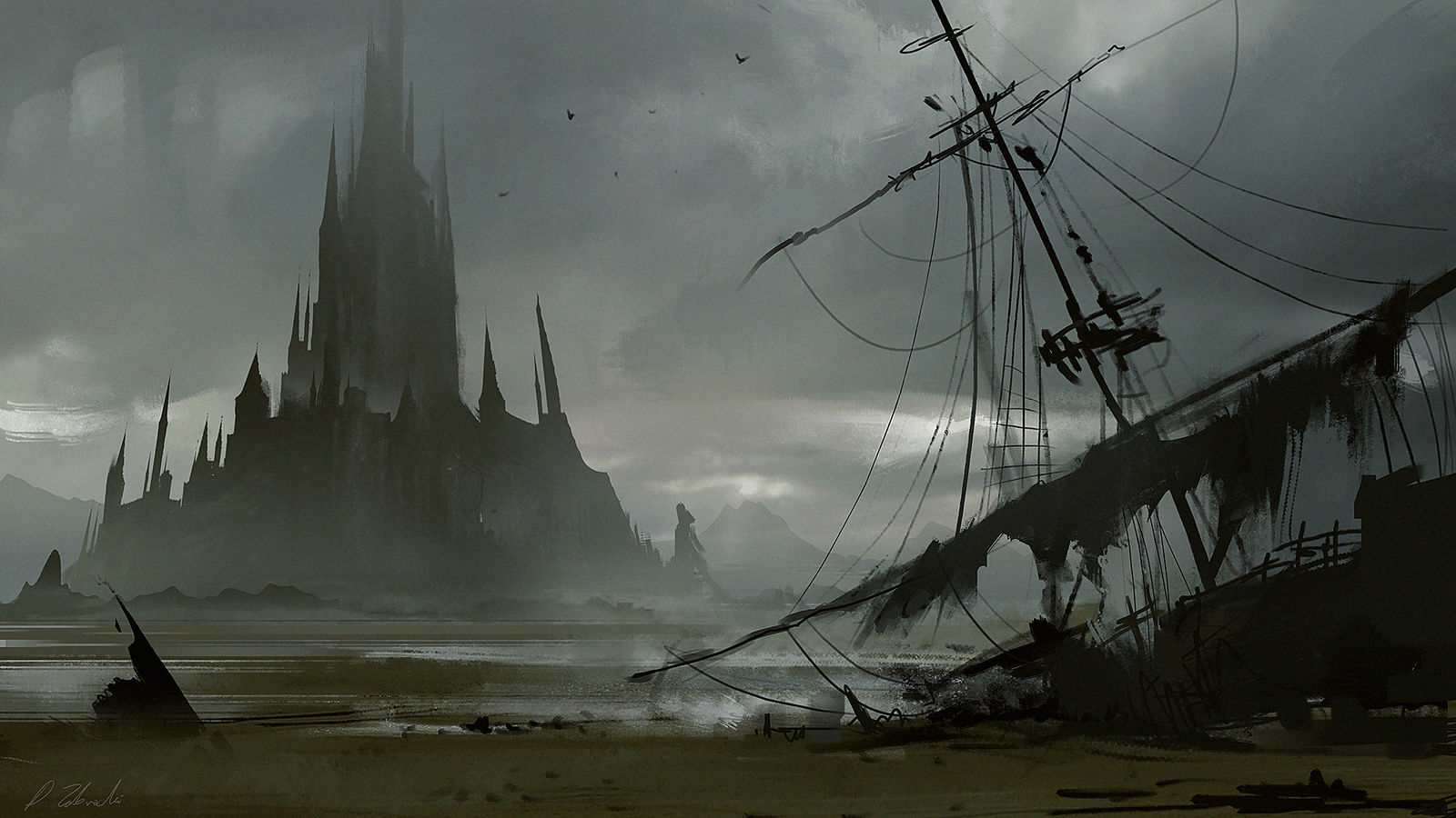 Island Castle and destroyed ship by daRoz