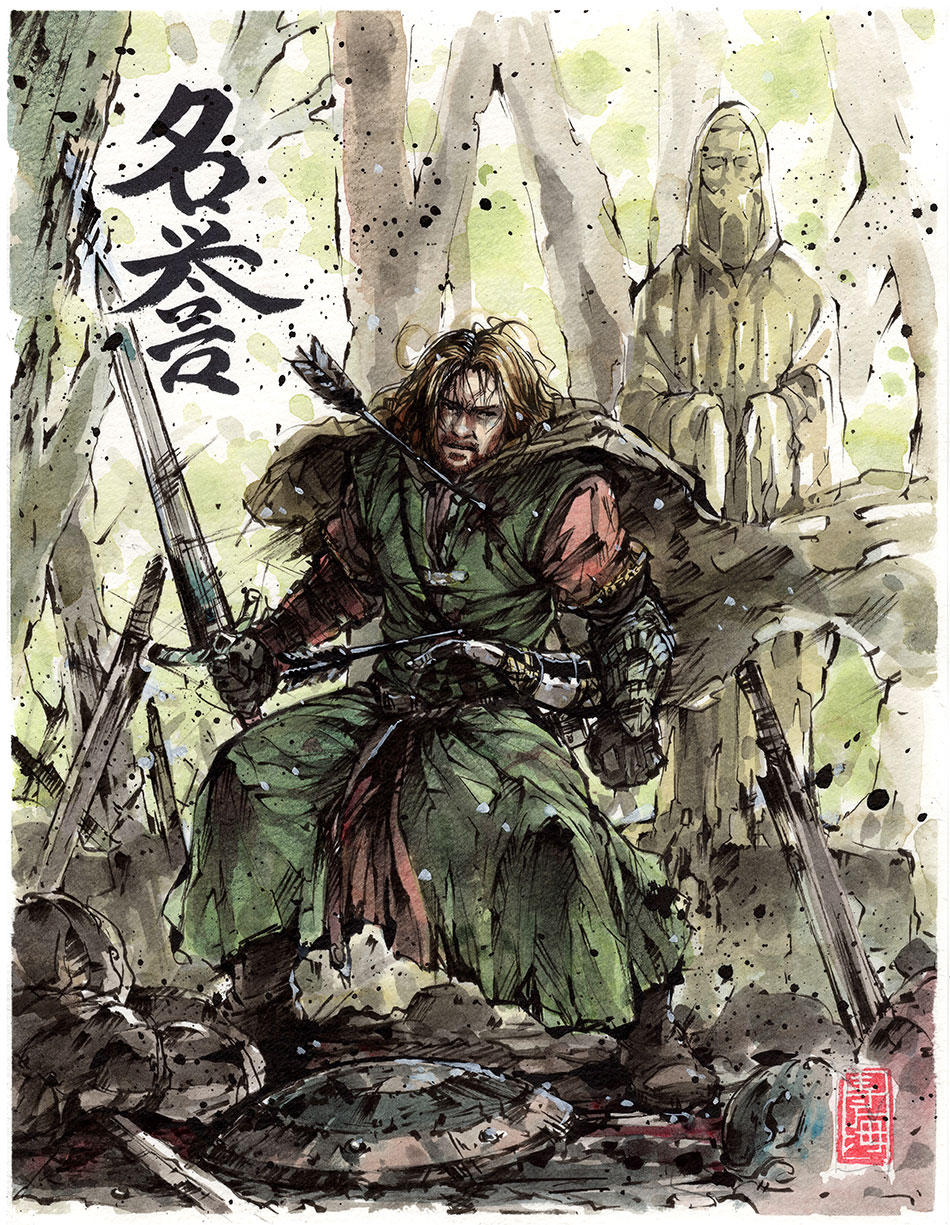 Boromir last moments with calligraphy Honor by MyCKs
