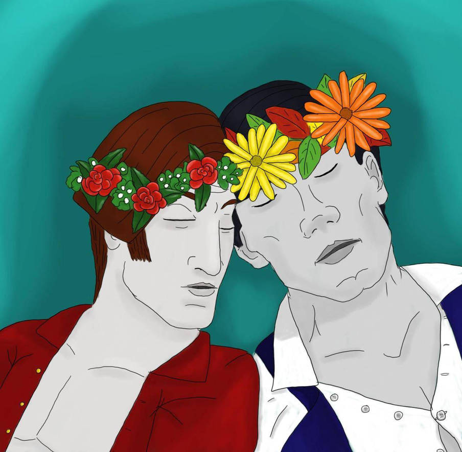 Anthony and Lorenzo are asleep and resting their heads on another. They both wear flower crowns.