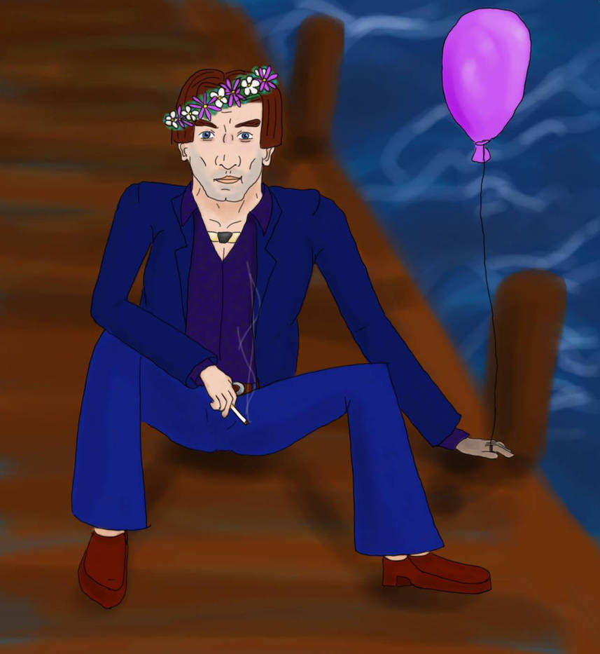 Mercurio sits on hte pier with a flowercrown on his head and a balon on his finger.
