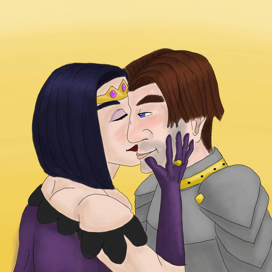 A picture of a black haired girl in a purple dress, kissing a brown haired knight on the cheek.