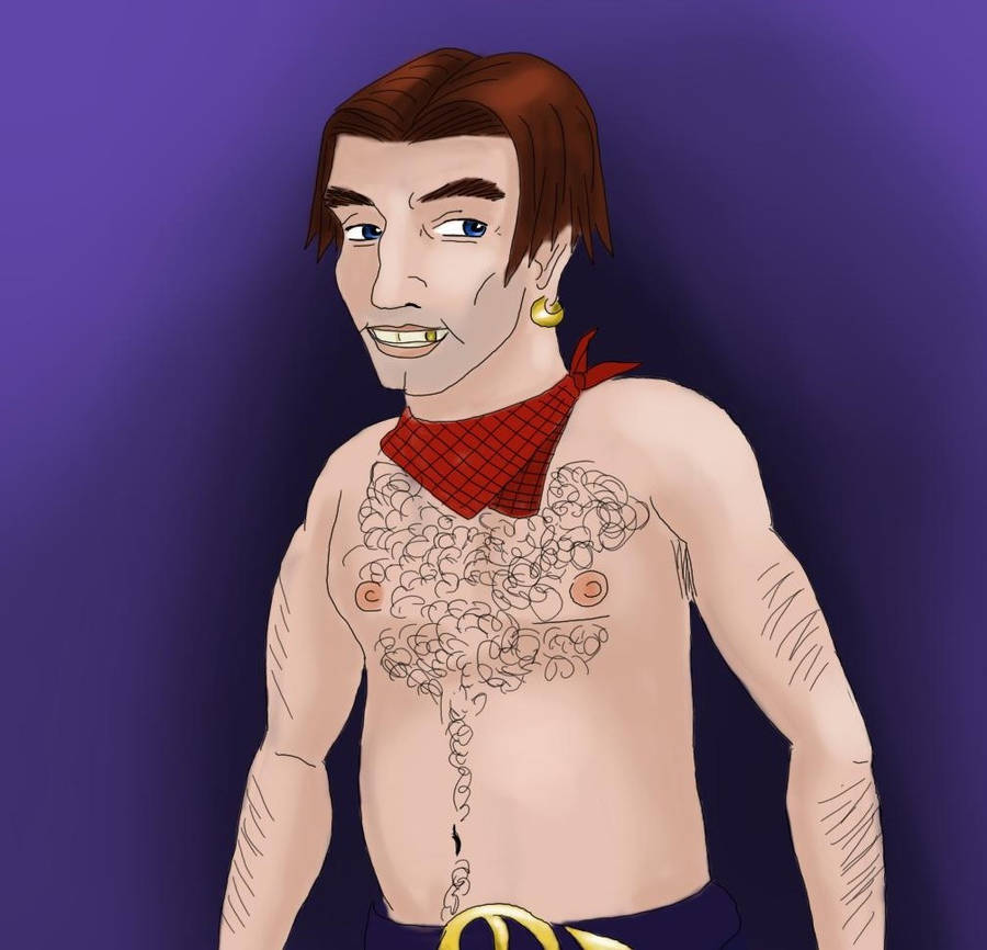 Mercurio shirtless with a gold earring and gold tooth dressed as a pirate